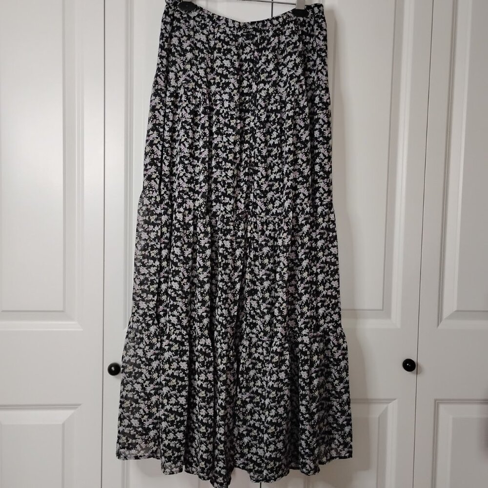 Lulus Women's Subtle Sweetness Black Floral Print Tiered Long-Slit Maxi Skirt L - Picture 2 of 6